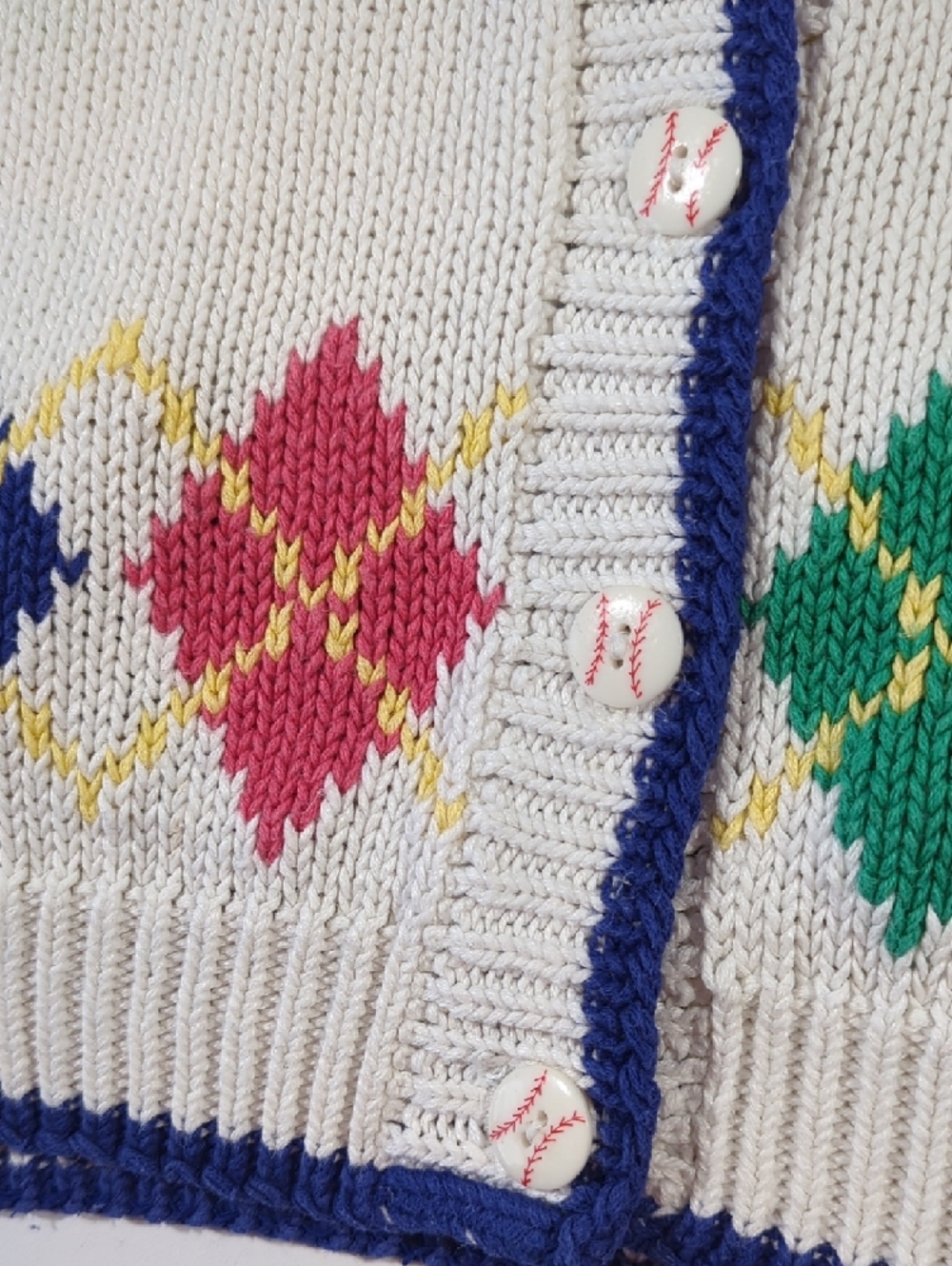 Vintage Cape Isle Knitters Baseball White Multicolor Argyle Knit Cardigan Large - Picture 7 of 13